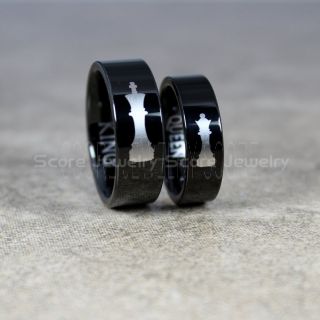 Chess Rings, Chess Jewelry, 2 Piece Couple Set Black Tungsten Bands with Flat Edge, Pawn Rings, Rook Rings, Knight Rings, Bishop Rings, Queen Rings, King Rings, Chess Pieces Laser Engraved