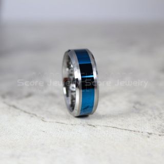 Silver Wedding Band, Silver Tungsten Ring, 8mm Classic Silver Tungsten Wedding Band with Blue Exterior, Silver Wedding Band, Silver Wedding Ring, Silver Tungsten Wedding Ring