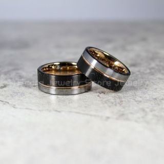 Silver Tungsten Rings, Silver Tungsten Wedding Bands, 2 Piece Couple Set Silver Wedding Bands with 14K Rose Gold Off Center Groove, Silver Wedding Rings, Silver Tungsten Wedding Rings