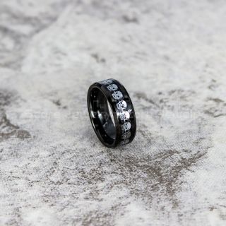 Skull Ring, Skull Inlay Ring, Black Tungsten Ring, Black Wedding Band, Black Tungsten Ring with Center Skull Inlay Ring