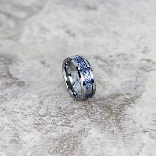 Dragon Ring, Dragon Inlay Ring, Celtic Ring, Damascus Steel Silver Tungsten Ring, Silver Wedding Band, Silver Tungsten Ring with Black Carbon Fiber and Silver Celtic Dragon Inlay Ring