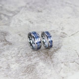 Dragon Ring, Dragon Inlay Ring, Celtic Ring, Silver Tungsten Ring, Silver Wedding Band, Silver Tungsten Ring with Blue Carbon Fiber and Silver Celtic Dragon Inlay Ring