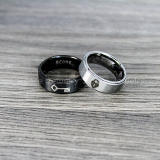 Lock and Key Rings, 2 Piece Couple Set Lock and Key Wedding Bands, Lock and Key Wedding Rings, Black Tungsten Rings, Silver Tungsten Bands, Lock and Key Wedding Rings