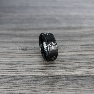 8mm Black Tungsten Band with Beveled Edge Tribal Christian Cross Ring Christian Cross Ring, Religion Ring, Black Tungsten Couple Ring, Christian Cross Jewelry, Black Tungsten Wedding Band, Religious Jewelry