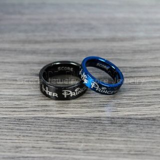 Prince and Princess Rings, 2 Piece Couple Set Her Prince and His Princess Ring, Black Tungsten Bands, Blue Wedding Bands, Blue Wedding Rings