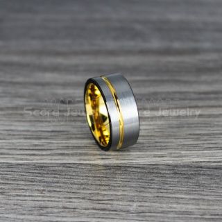 Silver Tungsten Ring, Silver Tungsten Wedding Band, Silver Wedding Band with 14K Yellow Gold Off Center Groove, Silver Wedding Ring, Silver Tungsten Wedding Ring