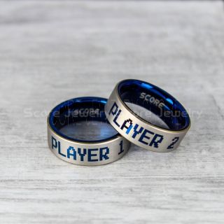 Player 1 Player 2 Rings, Gamer Rings, Blue Tungsten Rings, Blue Wedding Bands, Couple Ring Set Gamer Rings