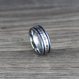 Heartbeat Ring, Heartbeat Jewelry, Silver Tungsten Ring with Two Blue Grooves, Silver Wedding Band, Heartbeat Wedding Band