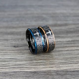 Christian Cross Rings, The Lord Prayer Rings, Religion Rings, Matching Couple Ring Set, Black Tungsten Couple Rings, Christian Cross Jewelry, Black Tungsten Wedding Bands, Religious Jewelry 
