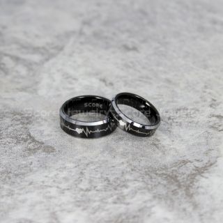 Couple Tungsten Ring Set, Black Tungsten Rings, Heartbeat Rings, Heartbeat Couple Set Black Tungsten Rings, Black Wedding Bands