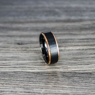 Black Tungsten Ring, Classic 8mm Black Tungsten Wedding Band with 14K Rose Gold Step Edge, Black Wedding Band, Black Wedding Ring, Black Tungsten Wedding Ring