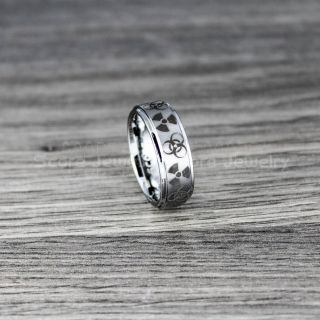 Biohazard Ring, 8mm Silver Tungsten Wedding Band with Step Edge Biohazard Nuclear Ring 8mm Silver Tungsten Wedding Ring