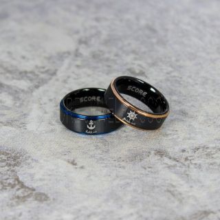 Nautical Rings, Ship Wheel Rings, Anchor Rings, 2 Piece Couple Set Anchor Wedding Rings, Black Wedding Bands, Black Tungsten Bands, Black Wedding Rings, Black Tungsten Wedding Rings