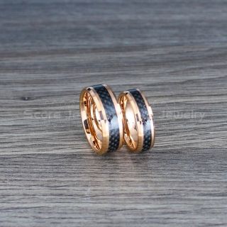 14K Rose Gold Tungsten Rings, 2 Piece Couple Set Rose Gold Wedding Bands, Rose Gold Tungsten Rings with Black Carbon Fiber Inlay