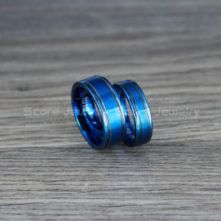 Blue Tungsten Rings, Blue Tungsten Wedding Bands, 2 Piece Couple Set Blue Wedding Bands with Black Grooves, Blue Wedding Rings, Blue Tungsten Wedding Rings