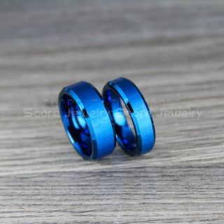 Blue Tungsten Rings, Blue Tungsten Wedding Bands, 2 Piece Couple Set Classic Blue Wedding Bands Brushed Vertically Finish, Blue Wedding Rings, Blue Tungsten Wedding Rings