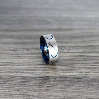 Fishing Ring, Fish Hook Ring, Fisherman Ring, Blue Tungsten Ring, Blue Wedding Band, Hunting Ring, Fish Hooks Wedding Band, Outdoorsman Ring, Fishing Wedding Ring