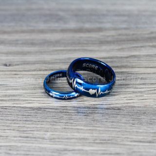 Couple Tungsten Ring Set, Blue Tungsten Rings, Heartbeat Rings, Heartbeat Couple Set Blue Tungsten Rings, Blue Wedding Bands