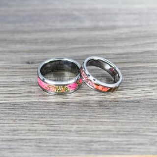 Pink Camouflage Rings, Pink Camo Rings, 2 Piece Couple Set Pink Camo Wedding Rings, Silver Tungsten Wedding Bands, Pink Camo Rings
