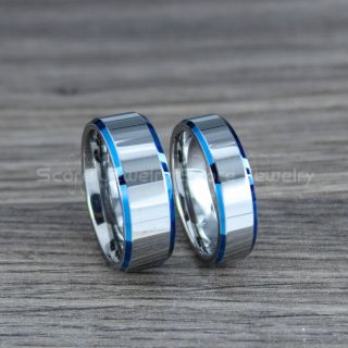 Silver Wedding Bands, Silver Tungsten Rings, 2 Piece Couple Set Classic Silver with Blue Beveled Edge Tungsten Wedding Bands, Silver Wedding Rings, Silver Tungsten Wedding Rings