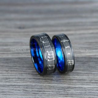 Music Rings, 2 Piece Couple Set Music Sheet Rings, Music Jewelry, Piano Rings, Black Tungsten Rings, Black Rings, Black Wedding Bands, Treble Clef Note Rings, Music Notes Rings