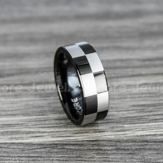 Racing Ring, Racing Flag Ring, Checkered Flag Ring, Chequered Flag Ring, Black Tungsten Ring, Auto Racing Ring, Black Wedding Band, Black Tungsten Ring