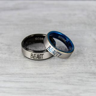 Beauty and Beast Rings, Beauty and Beast wedding Rings, Beauty and Beast Matching Rings, 2 Piece Couple Set Beauty and the Beast Rings, Black Tungsten Rings