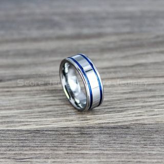 Silver Tungsten Ring, Silver Tungsten Wedding Band, Silver Wedding Band with Blue Grooves, Blue Wedding Ring, Blue Tungsten Wedding Ring