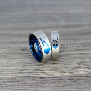 King and Queen Rings, King & Queen Rings, King & Queen of Hearts Rings, King Queen Wedding Bands, King Ring, Queen Ring, Matching Ring Set, 2 Piece Couple Set Blue Tungsten Rings King & Queen Ring, 