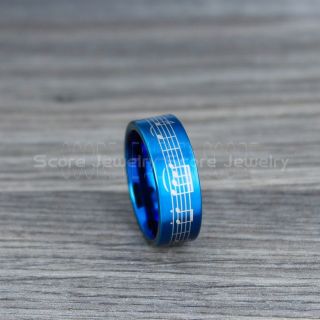 Music Ring, Music Sheet Ring, Music Jewelry, Piano Ring, Blue Tungsten Ring, Blue Ring, Blue Wedding Band, Treble Clef Note Ring, Music Notes Ring