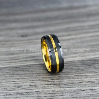 Black Tungsten Ring, Black Tungsten Wedding Band with 14K Yellow Gold Groove, Black Wedding Band, Black Wedding Ring, Black Tungsten Wedding Band