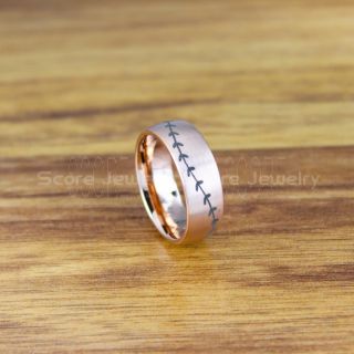 Baseball Ring, Baseball Stitch Pattern Ring, 14K Rose Gold Tungsten Ring, Baseball Jewelry, Rose Gold Wedding Band, Rose Gold Wedding Ring