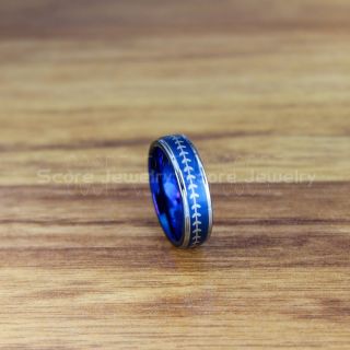 Baseball Ring, Baseball Stitch Pattern Ring, 6mm Blue Tungsten Ring, Baseball Jewelry, Blue Wedding Band, Blue Wedding Ring