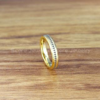 Baseball Ring, Baseball Stitch Pattern Ring, 4mm 14K Yellow Gold Tungsten Ring, Baseball Jewelry, Yellow Gold Wedding Band, Yellow Gold Wedding Ring