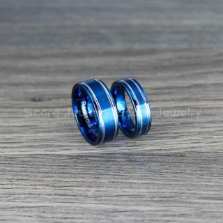 Blue Tungsten Rings, Blue Tungsten Wedding Bands, 2 Piece Couple Set Blue Wedding Bands with Silver Grooves, Blue Wedding Rings, Blue Tungsten Wedding Rings