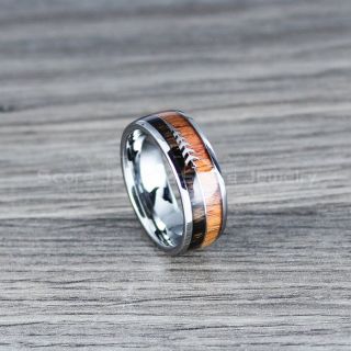 Koa Wood Ring, Koa Wood Wedding Band, 8mm Silver Tungsten Band with Domed Edge and Koa Wood Inlay, Koa Wood Tungsten Wedding Ring