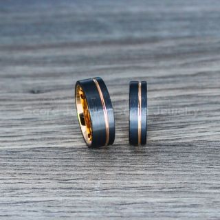 Black Tungsten Wedding Bands Brushed Finish 14K Rose Gold Off Center Groove, Black Tungsten Wedding Rings, 2 Piece Couple Set Black Tungsten Rings