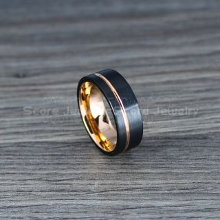 Rose Gold Ring, Rose Gold Wedding Band, Black Tungsten Ring, Black Tungsten Wedding Band with 14K Rose Gold Groove, Black Wedding Band, Black Wedding Ring, Black Tungsten Wedding Band