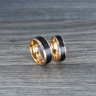 14K Rose Gold Tungsten Rings, Black Tungsten Wedding Bands, 2 Piece Couple Set Rose Gold Wedding Bands, Black Wedding Rings, Black Tungsten Wedding Rings