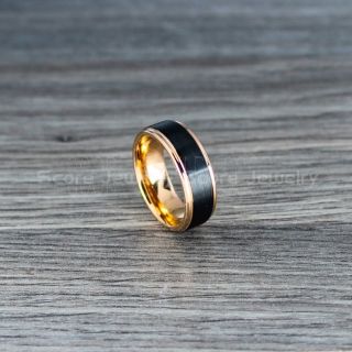 14K Rose Gold Tungsten Ring, Black Tungsten Wedding Band, Rose Gold Wedding Band, Black Wedding Ring, Black Tungsten Wedding Ring