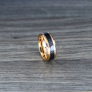 14K Rose Gold Tungsten Ring, Rose Gold Wedding Band, Rose Gold Tungsten Ring with Black Carbon Fiber Inlay Ring