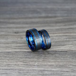 Black Tungsten Ring, Black Tungsten Wedding Band, Black Wedding Band with Blue Grooves, Black Wedding Ring, Black Tungsten Wedding Ring