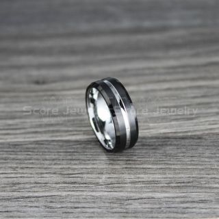 Black Tungsten Ring, Black Tungsten Wedding Band with Silver Groove, Black Wedding Band, Black Wedding Ring, Black Tungsten Wedding Band