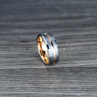 Rose Gold Ring, Rose Gold Wedding Band, Silver Tungsten Ring, Silver Tungsten Wedding Band with 14K Rose Gold Groove, Silver Wedding Band, Silver Wedding Ring, Silver Tungsten Wedding Band