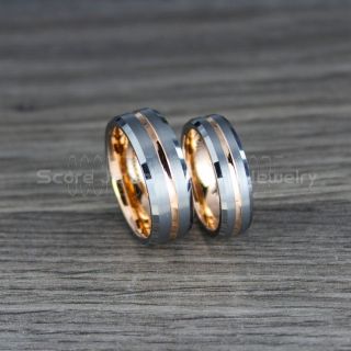 Rose Gold Rings, 2 Piece Couple Set Rose Gold Wedding Bands, Silver Tungsten Rings, Silver Tungsten Wedding Bands with 14K Rose Gold Groove, Silver Wedding Bands, Silver Wedding Rings, Silver Tungsten Wedding Bands