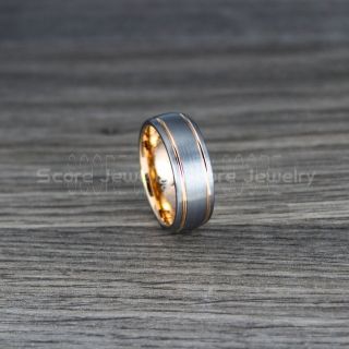 Rose Gold Ring, Rose Gold Wedding Band, Silver Tungsten Ring, Silver Tungsten Wedding Band with 14K Rose Gold Groove, Silver Wedding Band, Silver Wedding Ring, Silver Tungsten Wedding Band