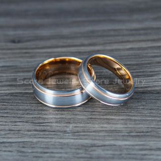 Rose Gold Rings, Rose Gold Wedding Bands, 2 Piece Couple Set Silver Tungsten Rings, Silver Tungsten Wedding Bands with 14K Rose Gold Grooves, Silver Wedding Bands, Silver Wedding Rings, Silver Tungsten Wedding Bands