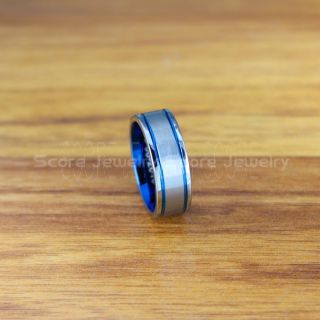 Silver Tungsten Ring, Silver Tungsten Wedding Band, Silver Wedding Band with Blue Grooves, Blue Wedding Ring, Blue Tungsten Wedding Ring