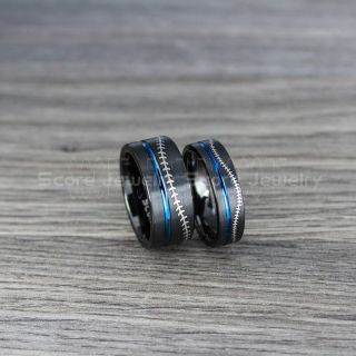 Baseball Rings, 2 Piece Couple Set Baseball Rings, Baseball Stitch Pattern Rings, Black Tungsten Rings, Black Rings, Black Wedding Bands, Black Wedding Rings, Baseball Stitch Rings, Black Tungsten Bands