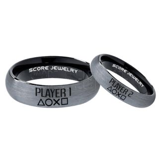 Player 1 Player 2 Rings, Gamer Rings, Black Tungsten Rings, Black Wedding Bands, Couple Ring Set Gamer Rings, Black Tungsten Bands